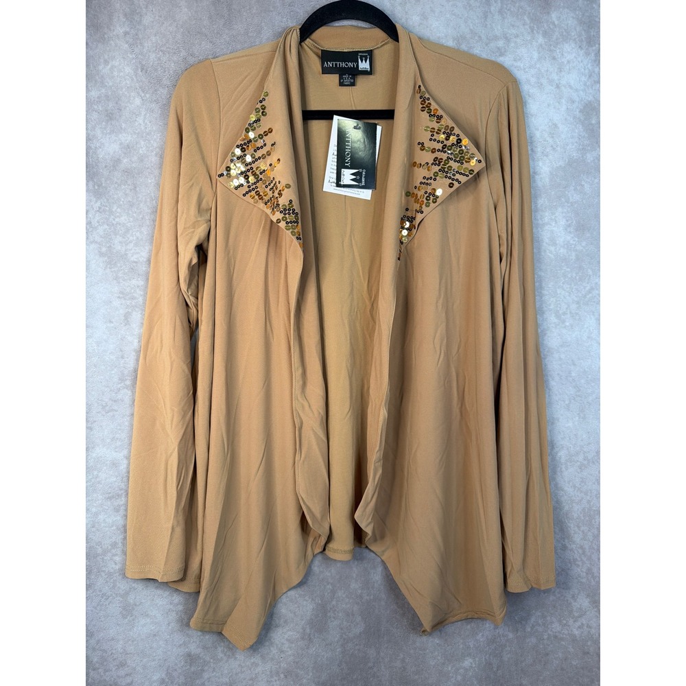 NWT Anthony Original‎ Women's Tan Open Front Sequined Collar Cardigan Sz L